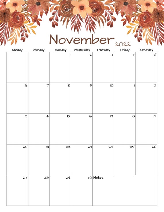 november calendar november 2022 printable calendar autumn etsy