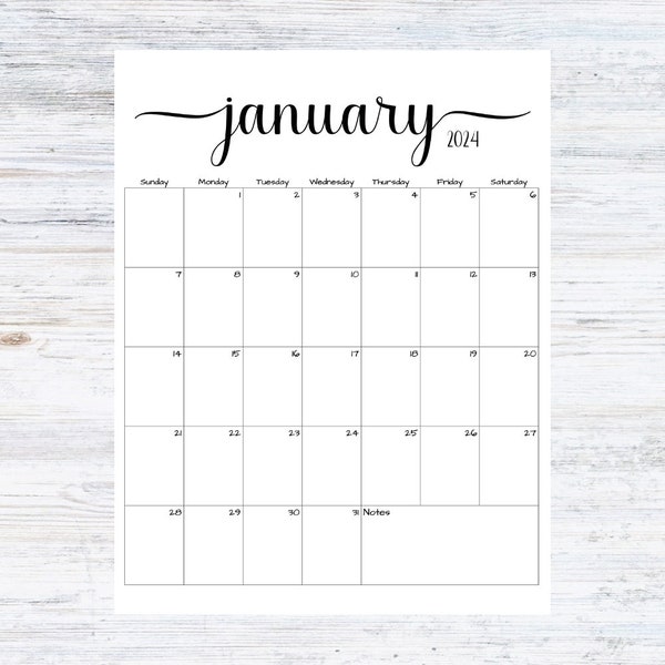 Calendrier de janvier 2024 à remplir/modifier | Calendrier janvier 2024 | Calendrier script simple | Téléchargement instantané | PDF, PNG, JPG