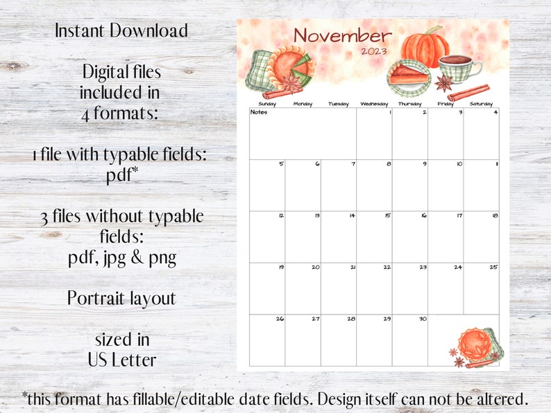 Fillable/editable November Calendar November 2023 Printable Etsy