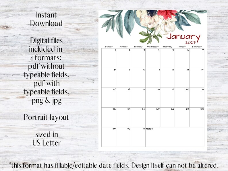 Fillable/editable January Calendar January 2023 Calendar - Etsy