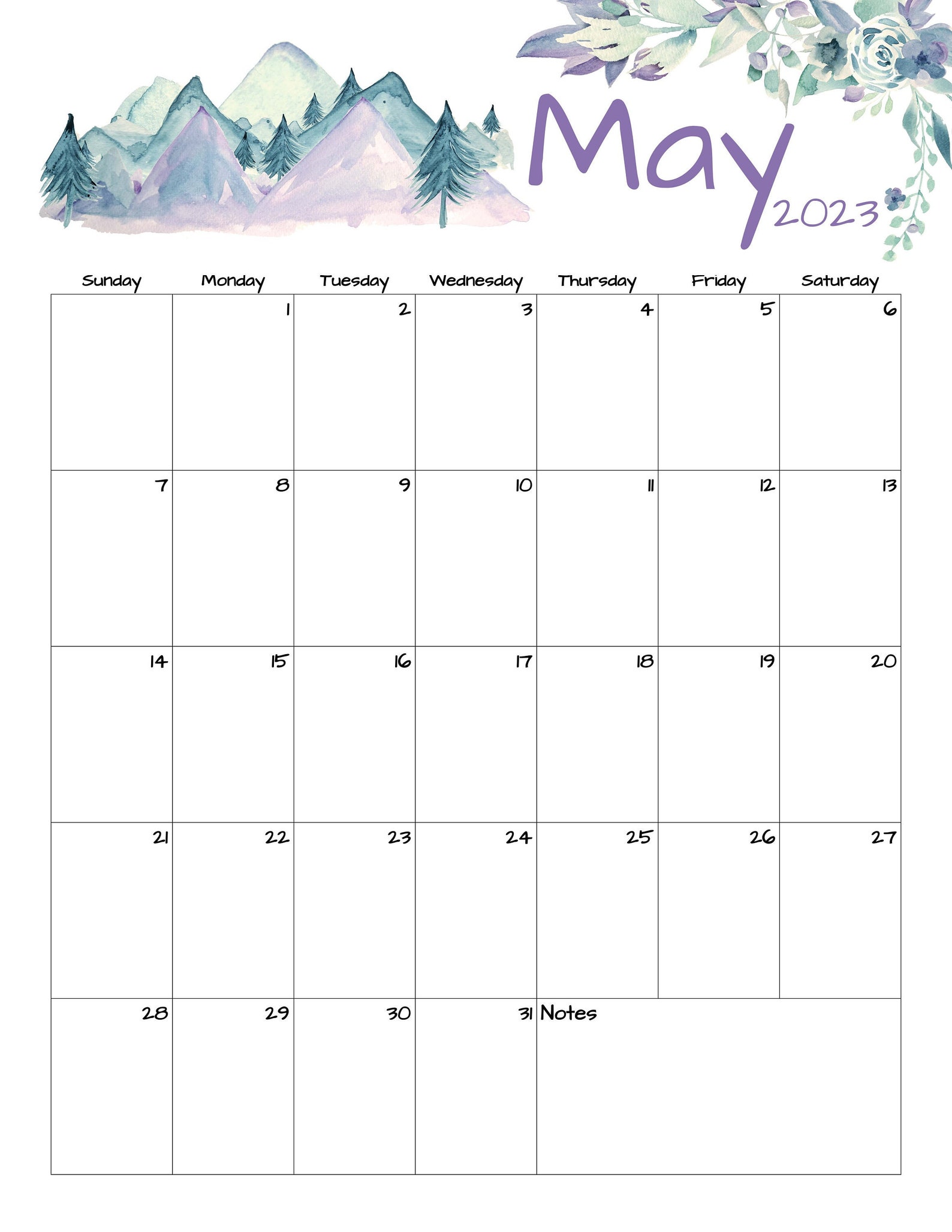 Fillable/editable May Calendar May 2023 Printable Calendar Mountains