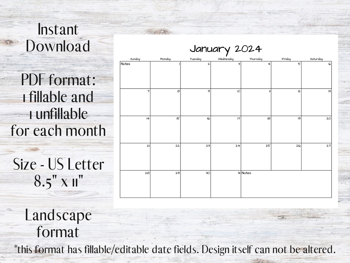 Editable Fillable Typeable 12 Month 2024 Calendars Full Year - Etsy