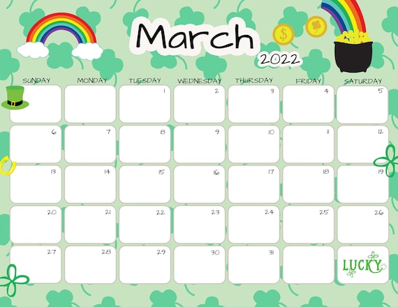 march calendar march 2022 printable calendar shamrock etsy
