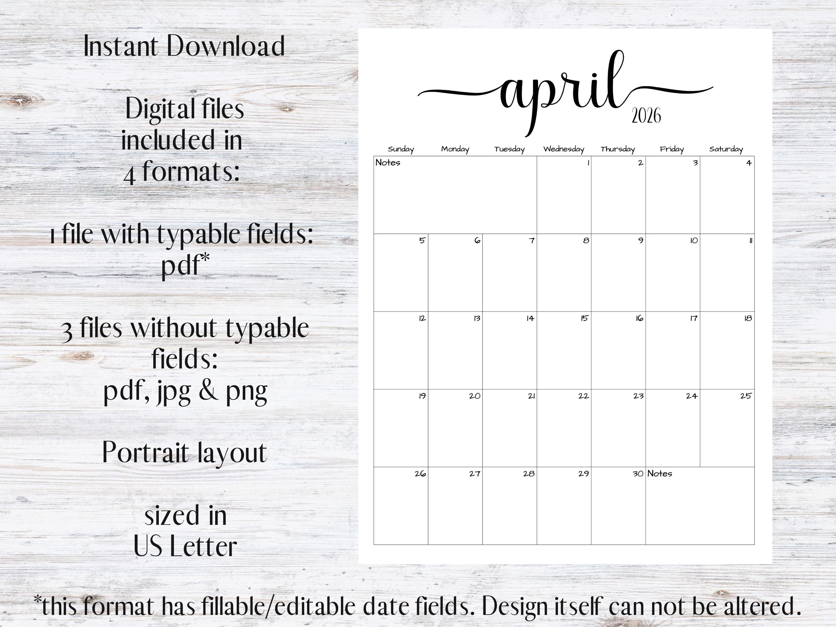 April 2026 Calendar | Simple Script, Fillable & Editable (PDF, PNG, JPG ...