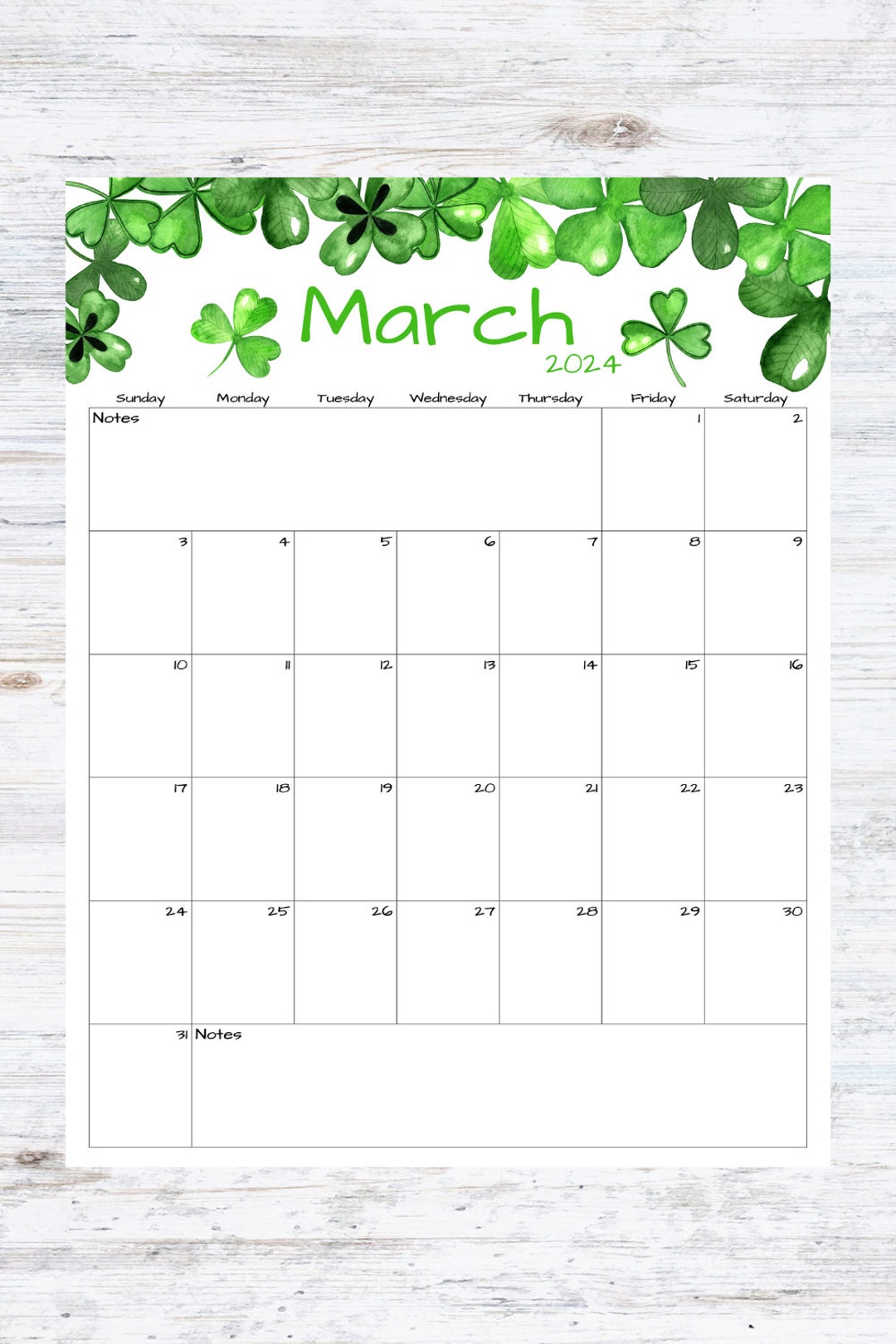 Fillable/editable March Calendar March 2024 Printable Calendar Shamrock