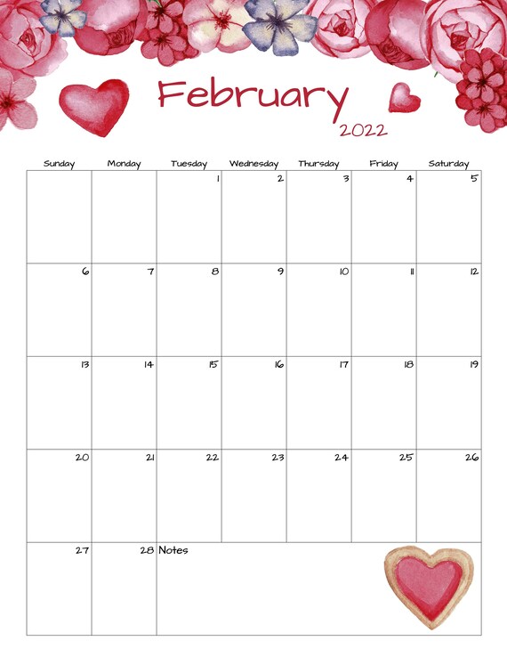 february calendar february 2022 printable calendar etsy