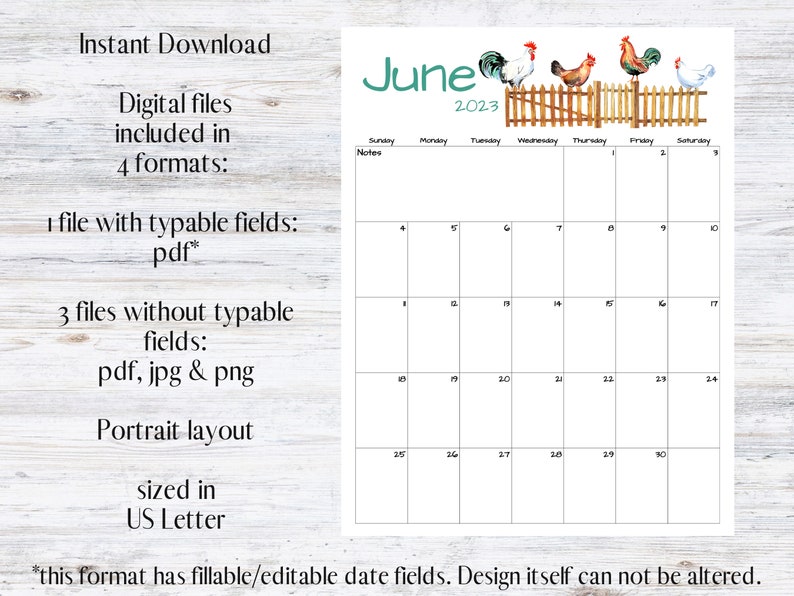 Fillable/editable June Calendar June 2023 Printable Calendar Etsy