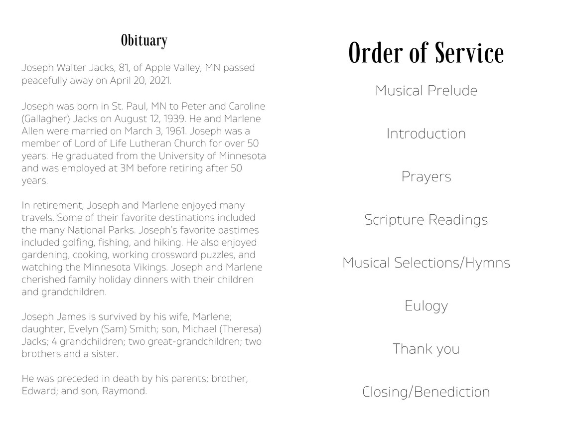 Funeral Program Obituary Template Celebration of Life Memorial Program ...