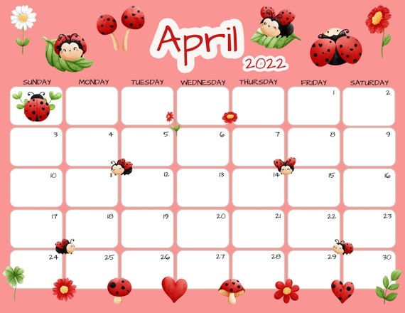 april 2022 printable calendar april calendar ladybug etsy