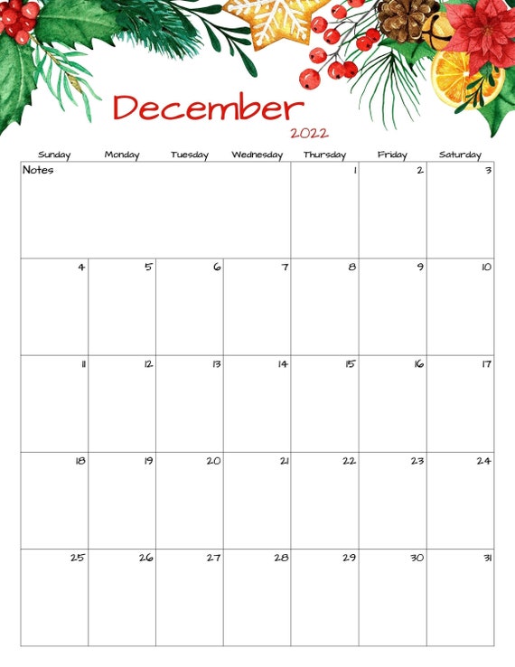 December Christmas Calendar Printable 2022 December Calendar December 2022 Printable Calendar | Etsy Australia