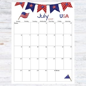 Fillable/Editable July Calendar | July 2025 Printable Calendar | Red, White and Blue Calendar | Instant Download | PDF, PNG, JPG | Printable