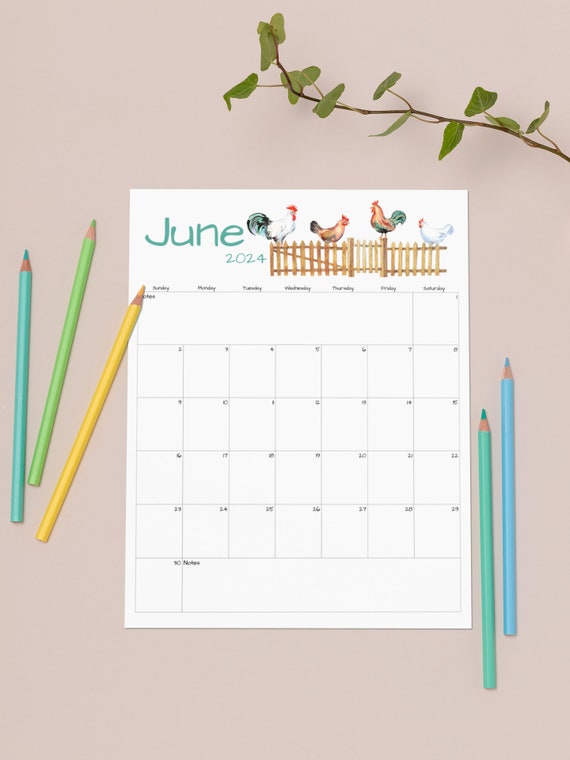Fillable/editable June Calendar June 2024 Printable Calendar Chickens Farm  Calendar Instant Download PDF, PNG, JPG Printable - Etsy