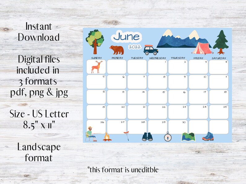 June Calendar June 2022 Printable Calendar Camping - Etsy