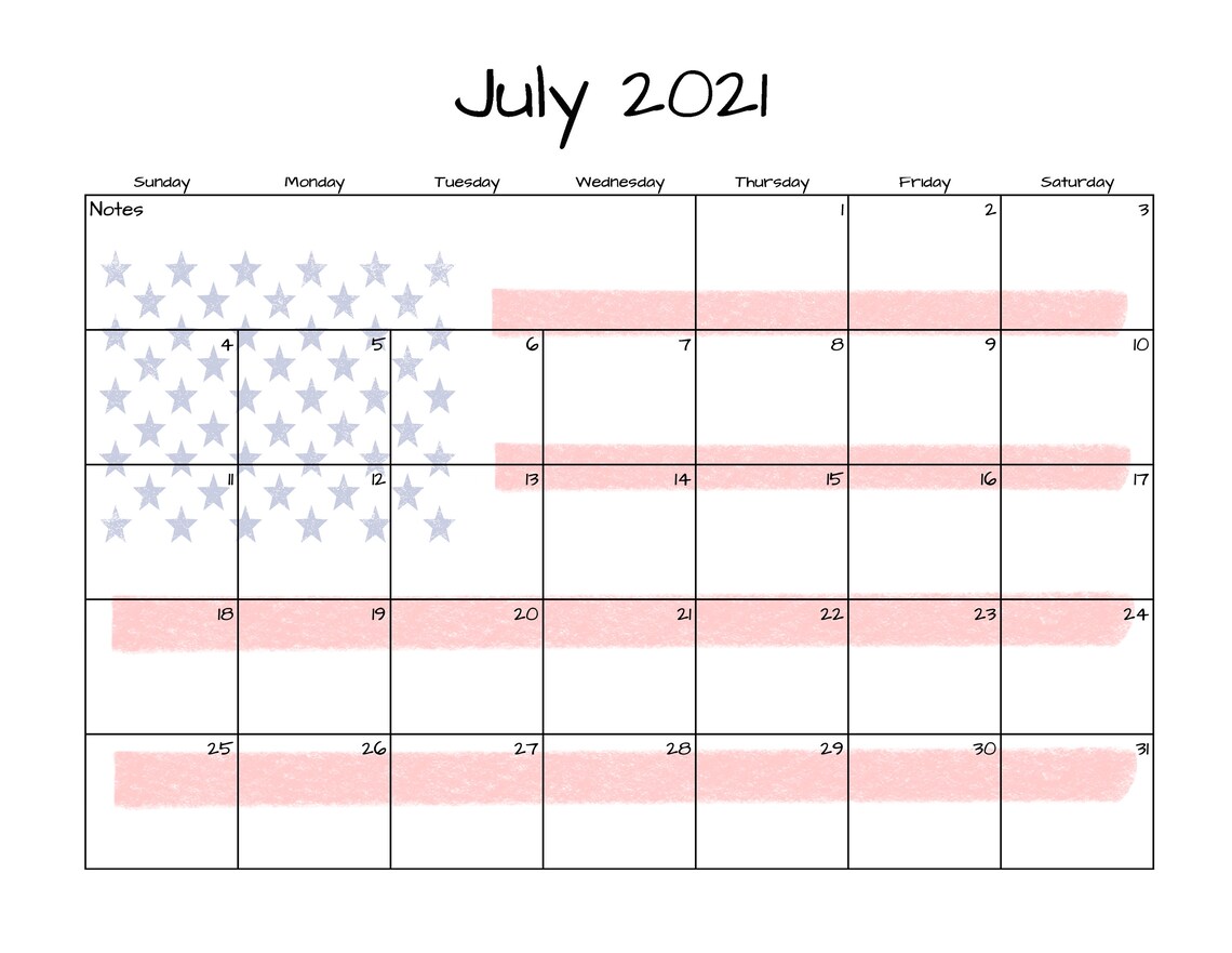 July Calendar July 2021 Printable Calendar American Flag Etsy