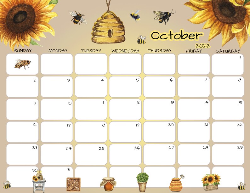 october calendar october 2022 printable calendar honey etsy