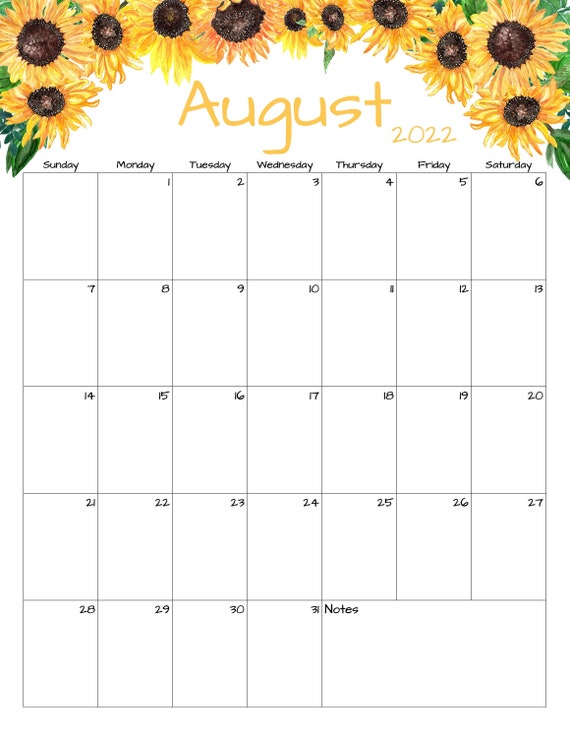 august calendar august 2022 printable calendar sunflower etsy new zealand