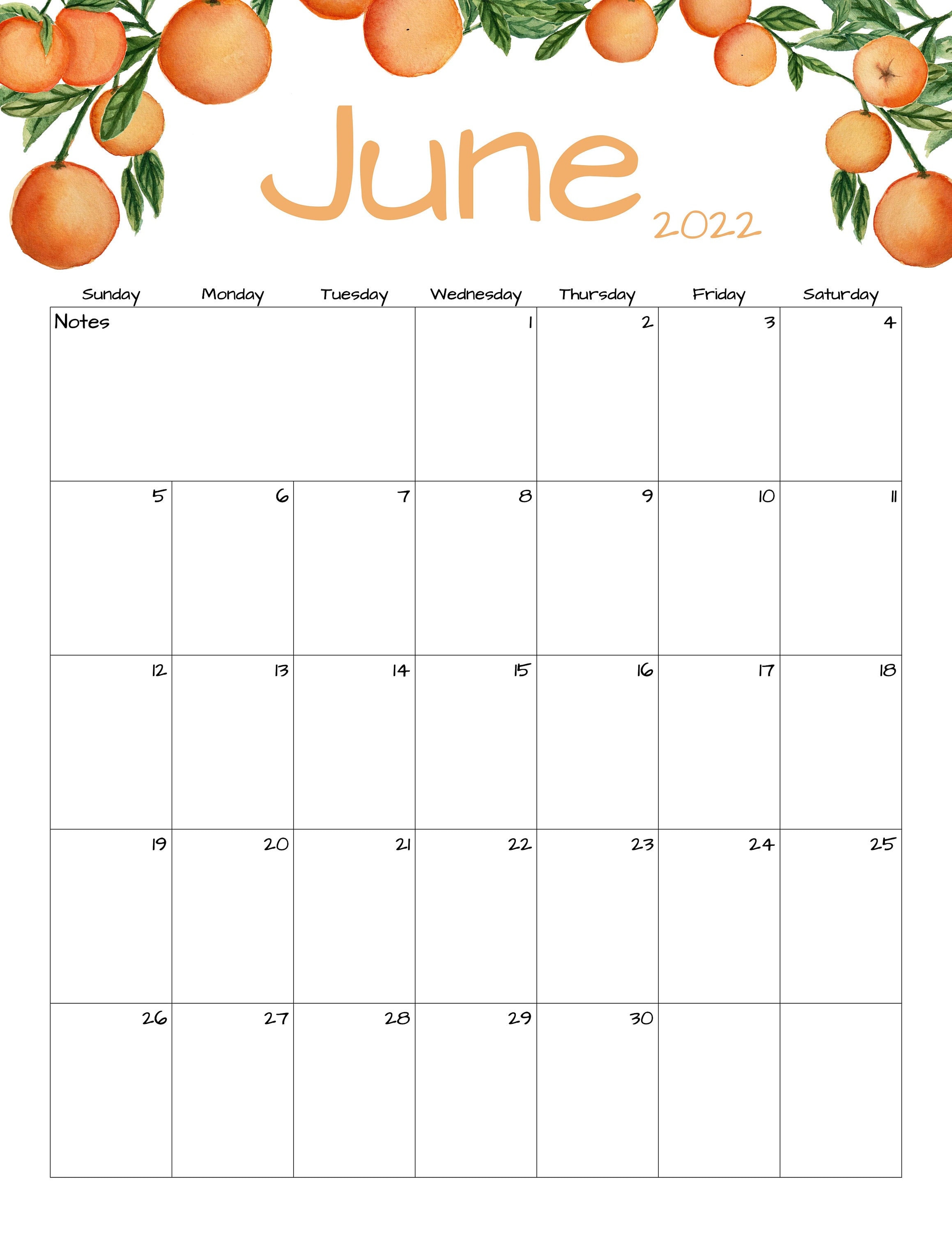 june calendar june 2022 printable calendar oranges etsy