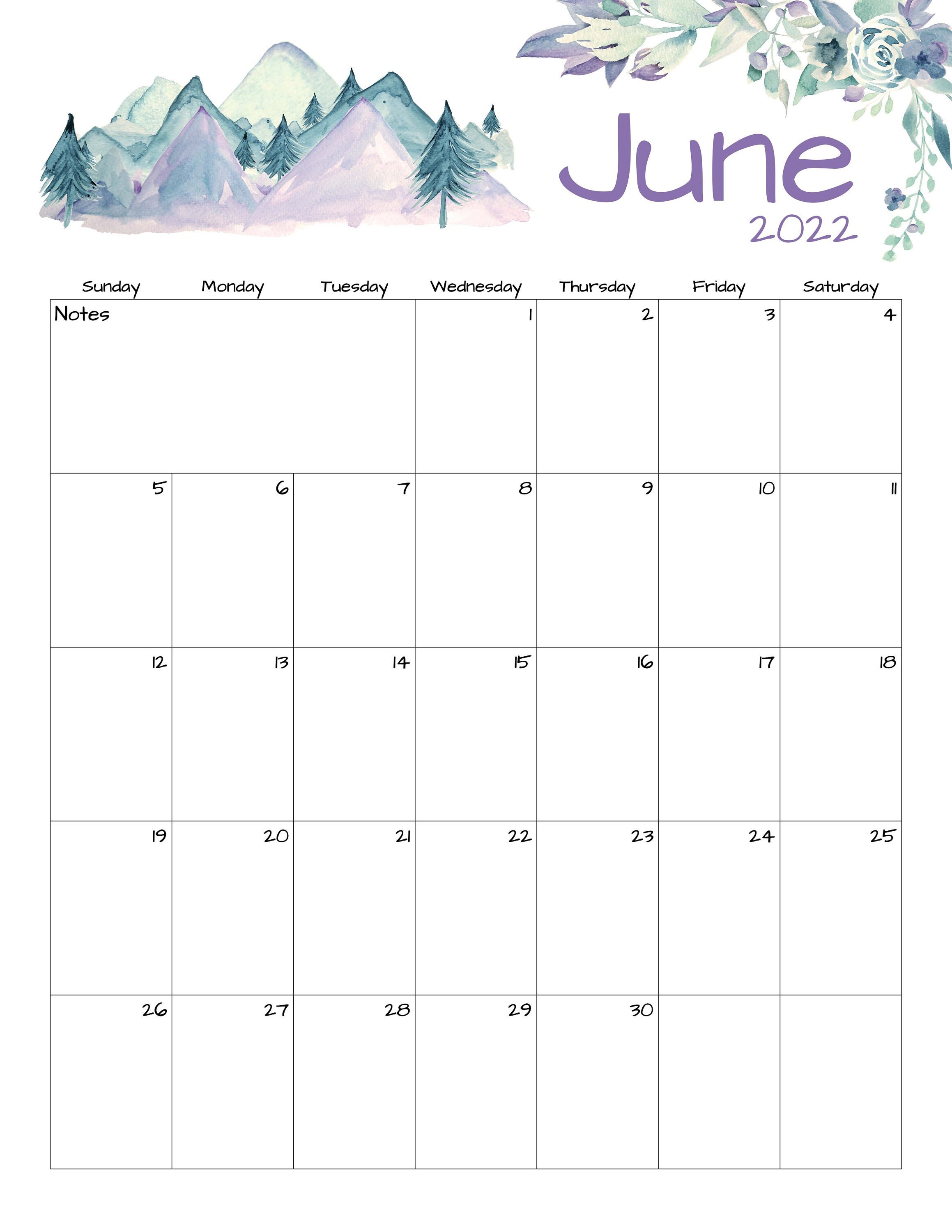 june calendar june 2022 printable calendar mountains etsy