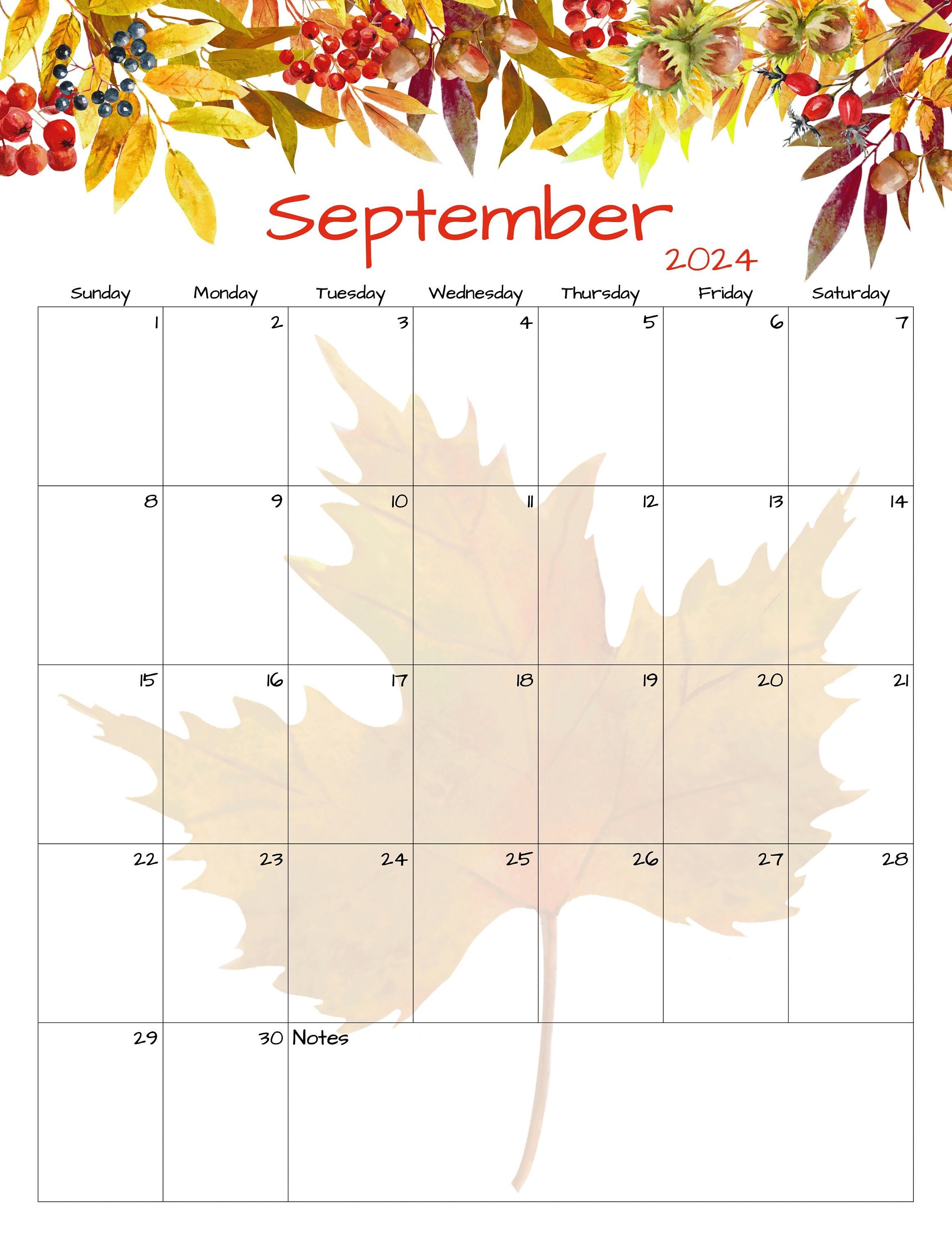 Fillable/editable September Calendar September 2024 Printable Calendar