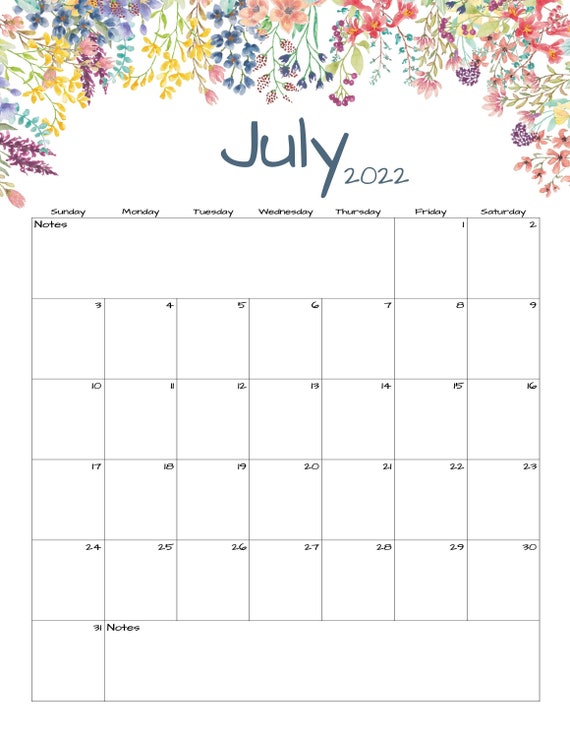 july calendar july 2022 printable calendar flowers etsy