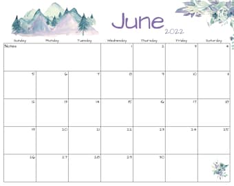 june calendar june 2022 printable calendar mountains etsy