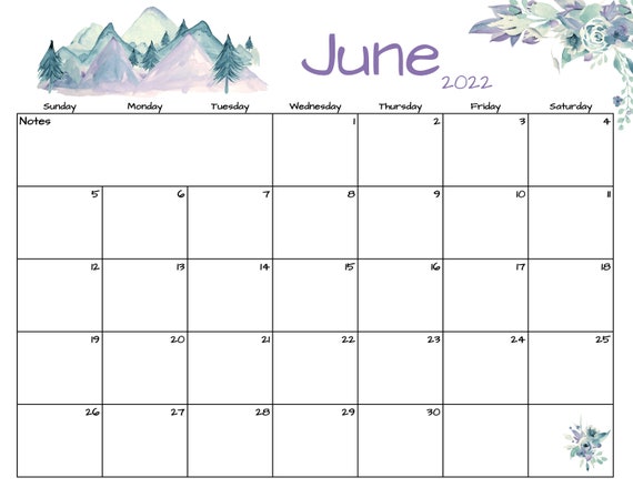 june calendar june 2022 printable calendar mountains etsy