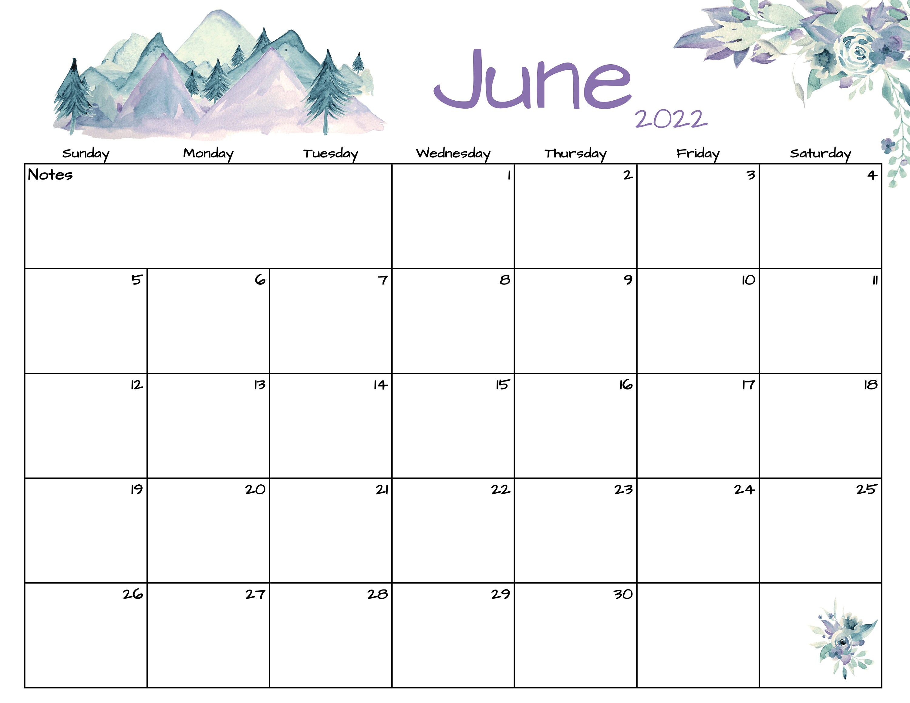 june calendar june 2022 printable calendar mountains etsy