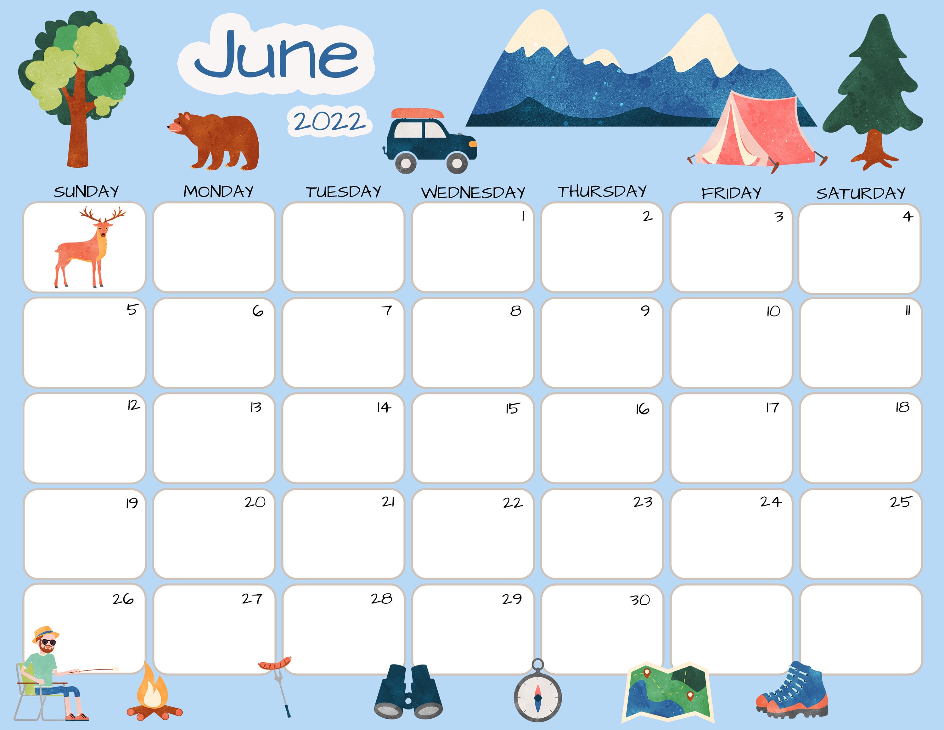 june calendar june 2022 printable calendar camping etsy israel