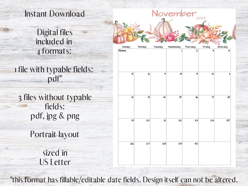 Fillable editable november calendar november 2023 printable etsy