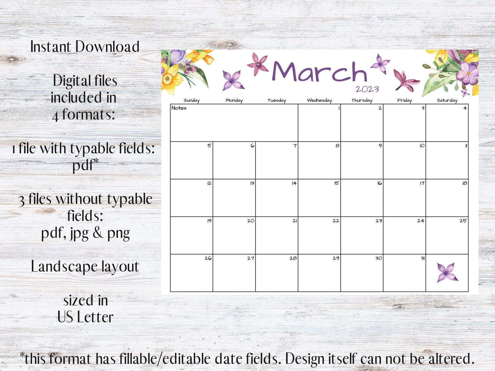 Fillable/editable March Calendar March 2023 Printable Calendar Spring