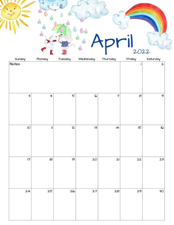 april calendar april 2022 printable calendar rain showers etsy