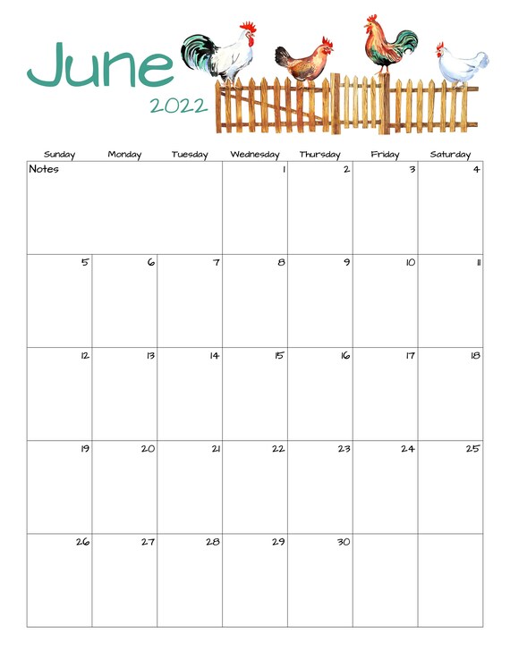 june calendar june 2022 printable calendar chickens etsy