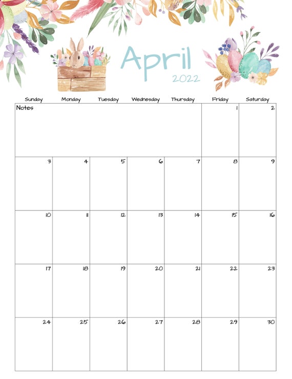 april calendar april 2022 printable calendar easter etsy