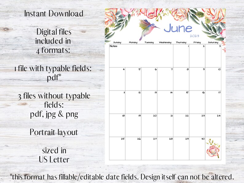 Fillable/editable June Calendar June 2023 Printable Calendar - Etsy