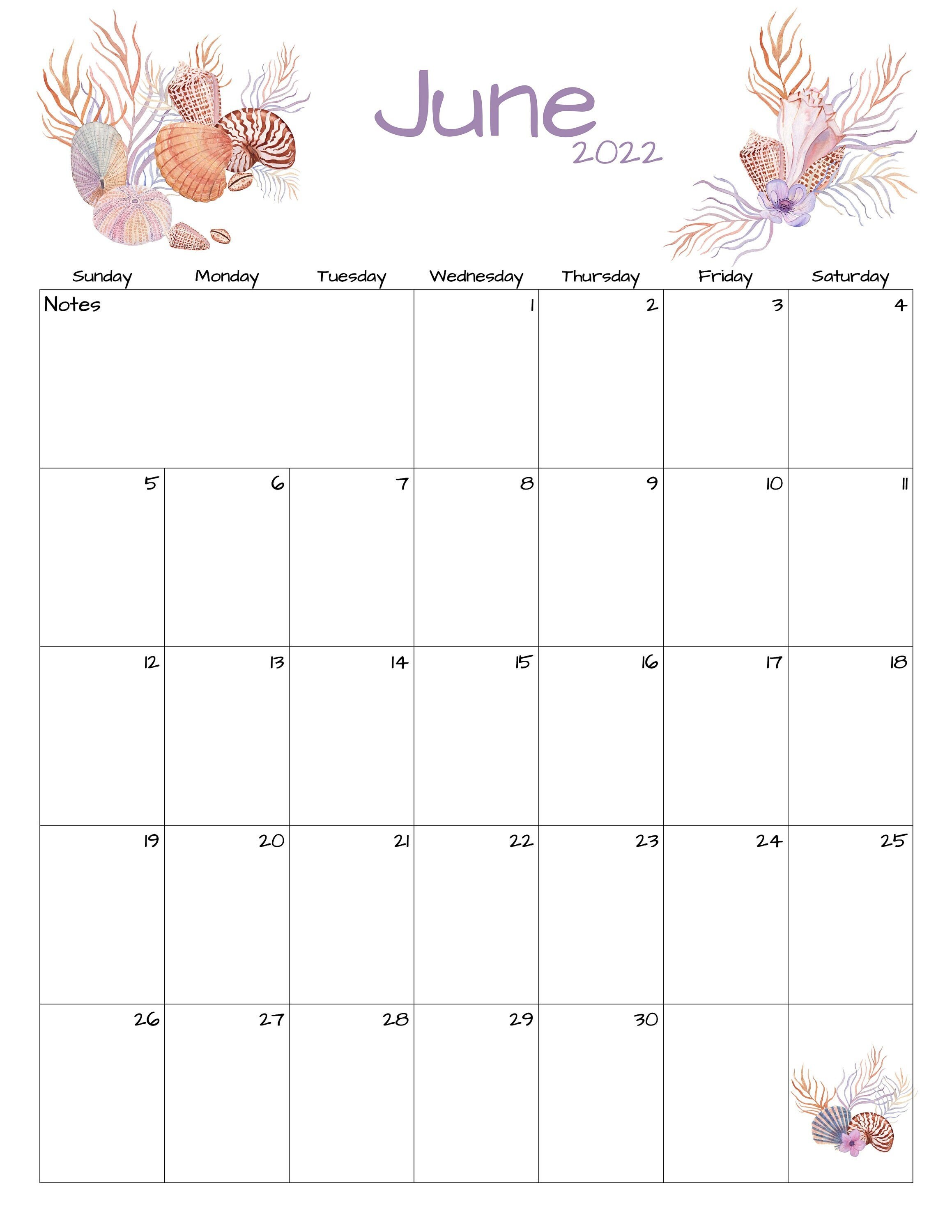 june calendar june 2022 printable calendar seashells etsy