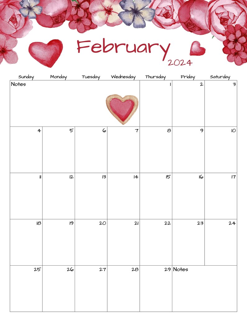 Fillable/editable February Calendar February 2024 Calendar Valentine