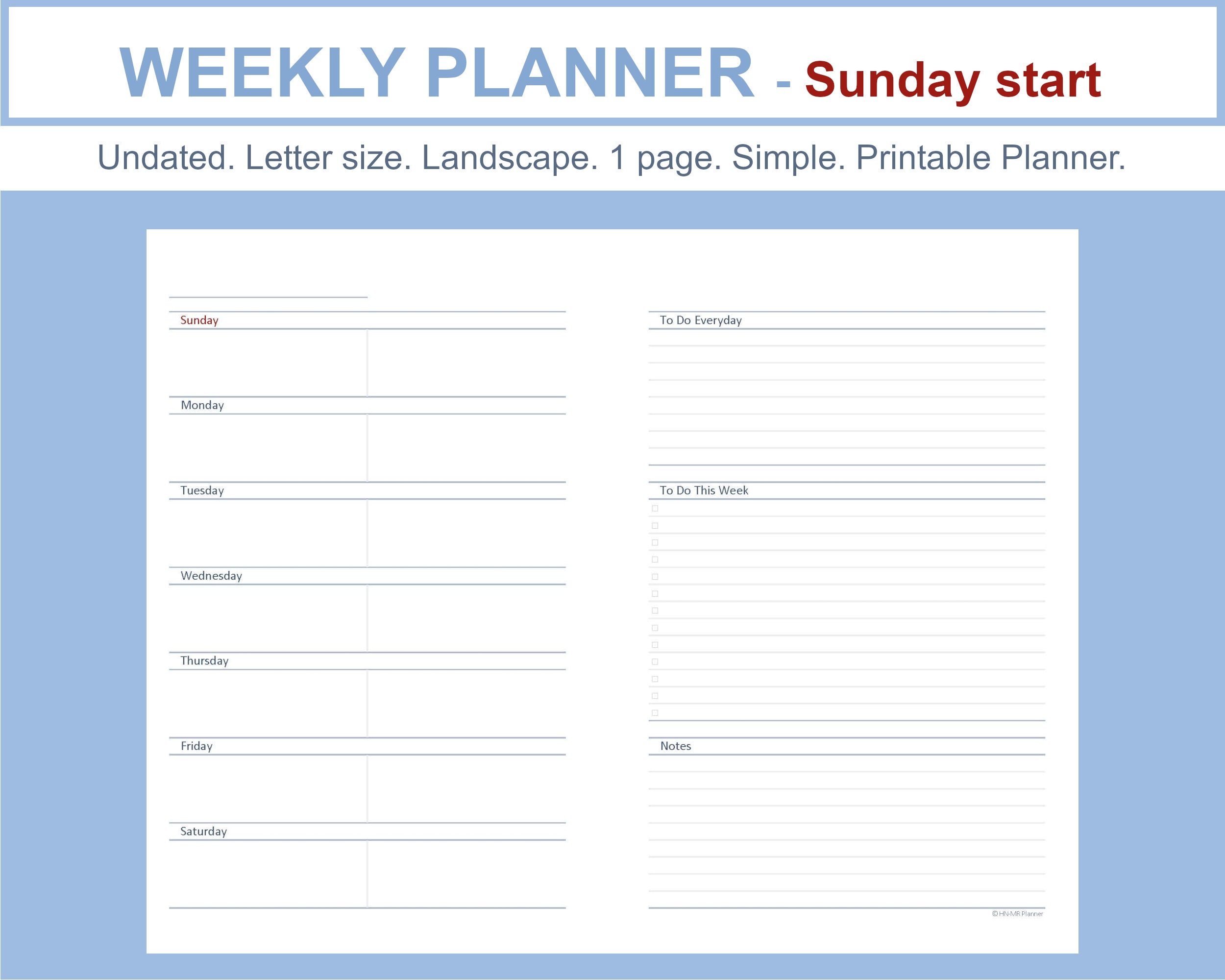simple undated weekly planner sunday start 1 page etsy