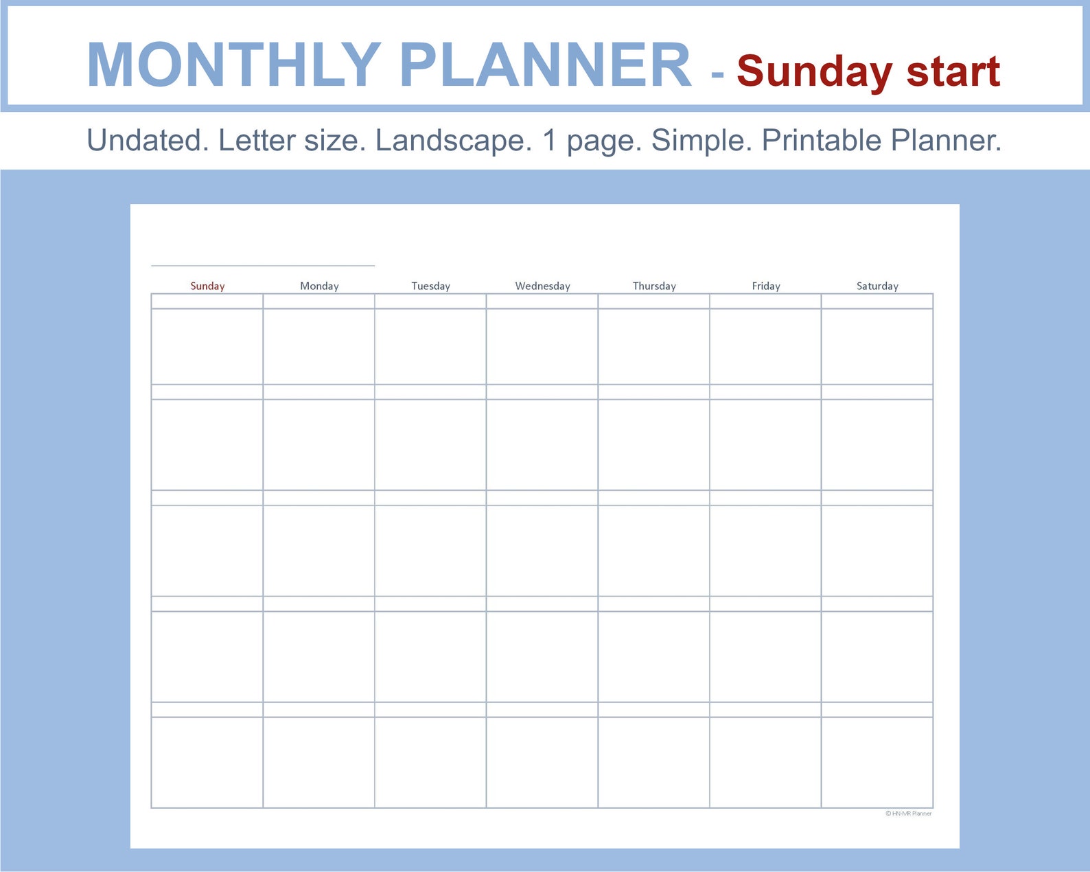 Undated. Simple. Monthly Planner. Sunday-Start. 1 page | Etsy