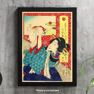Geisha and Cat - Japanese Woodblock Art Print - On Paper or Canvas - Wall Art