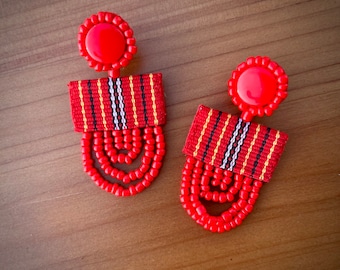 Cordillera Fabric Beaded Ethnic Jewelry | Philippines Ethnic Cloth Dangling Earrings | Filipino Heritage Accessories | Red Inabel Textile