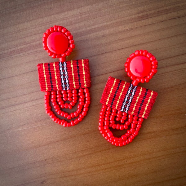 Cordillera Fabric Beaded Ethnic Jewelry | Philippines Ethnic Cloth Dangling Earrings | Filipino Heritage Accessories | Red Inabel Textile