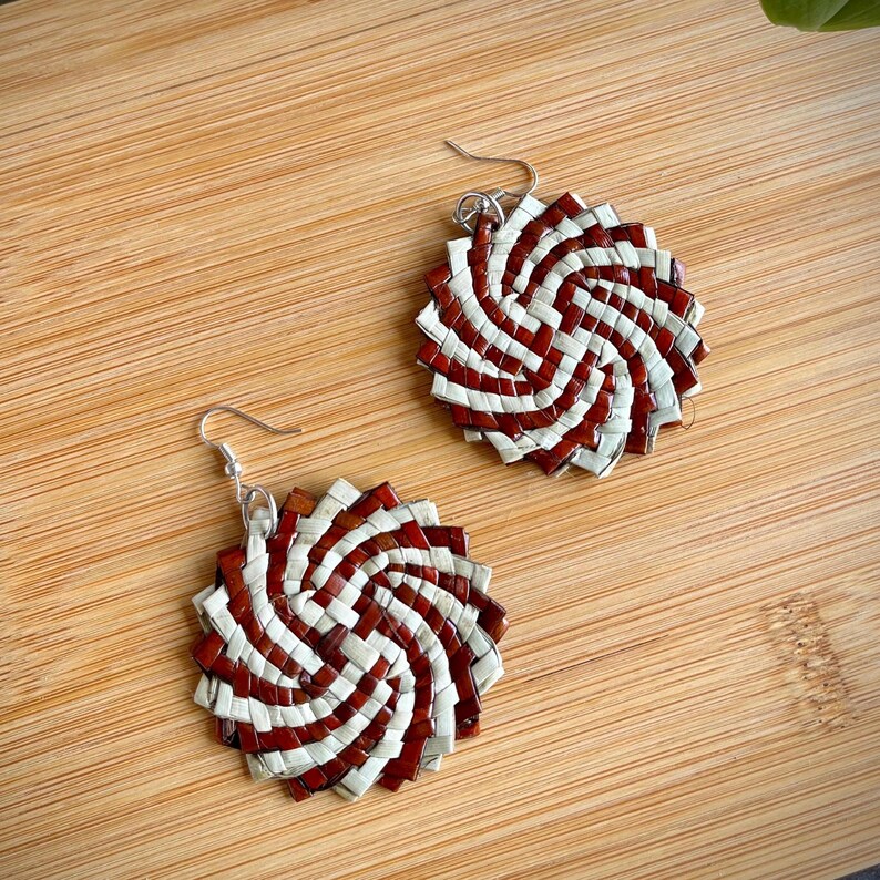 Pandan Straw Jewelry | Philippines Dangling Earrings | Filipino Culture Beach Accessories | Round Sunburst Brown