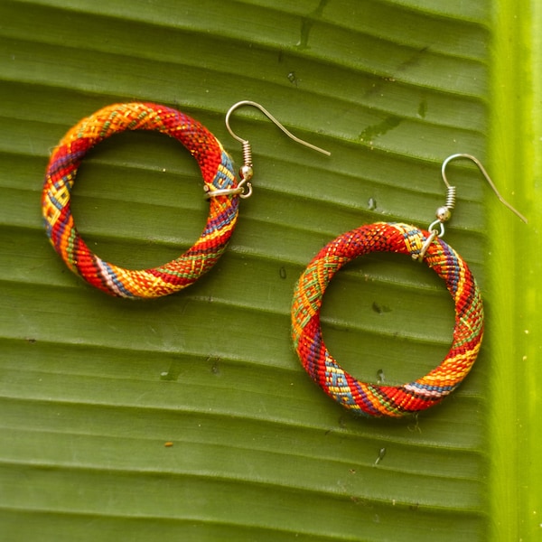 Yakan Fabric Ethnic Jewelry | Philippines Tribal Cloth Hoop Earrings | Filipino Culture Heritage Accessories