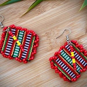 Philippine Cordillera Fabric Earrings: Red Beaded Filipino Statement Jewelry