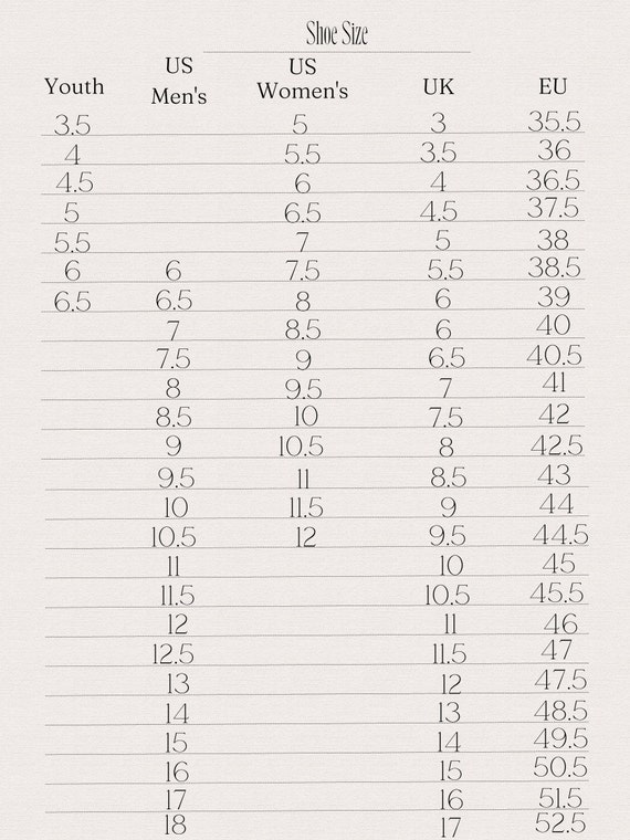 Earth shoes size chart best sale
