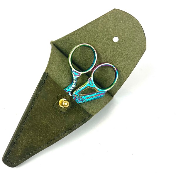 Leather Embroidery Scissor Sheath/Cover. Olive Full Grain Leather. One of a Kind Gift for Crafter, Snips Holder, Handmade, Scissor protector