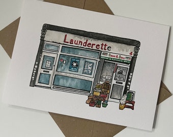 Blank card, art card, shop painting, card for friend, launderette Forest Gate, East London