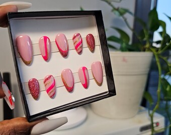 Handmade Pink Almond Press On Nails: Short Nail Art Design