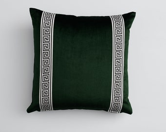 Emerald Green Velvet Decorative Throw Pillow Cover with Greek Key Trim in 22 Inch Square