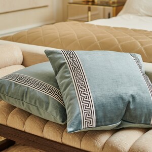 Blue Velvet Greek-Key Pillow Cover 22″ Square – Designer New-Traditional Cushion, Luxury Greek Key Trim image 4